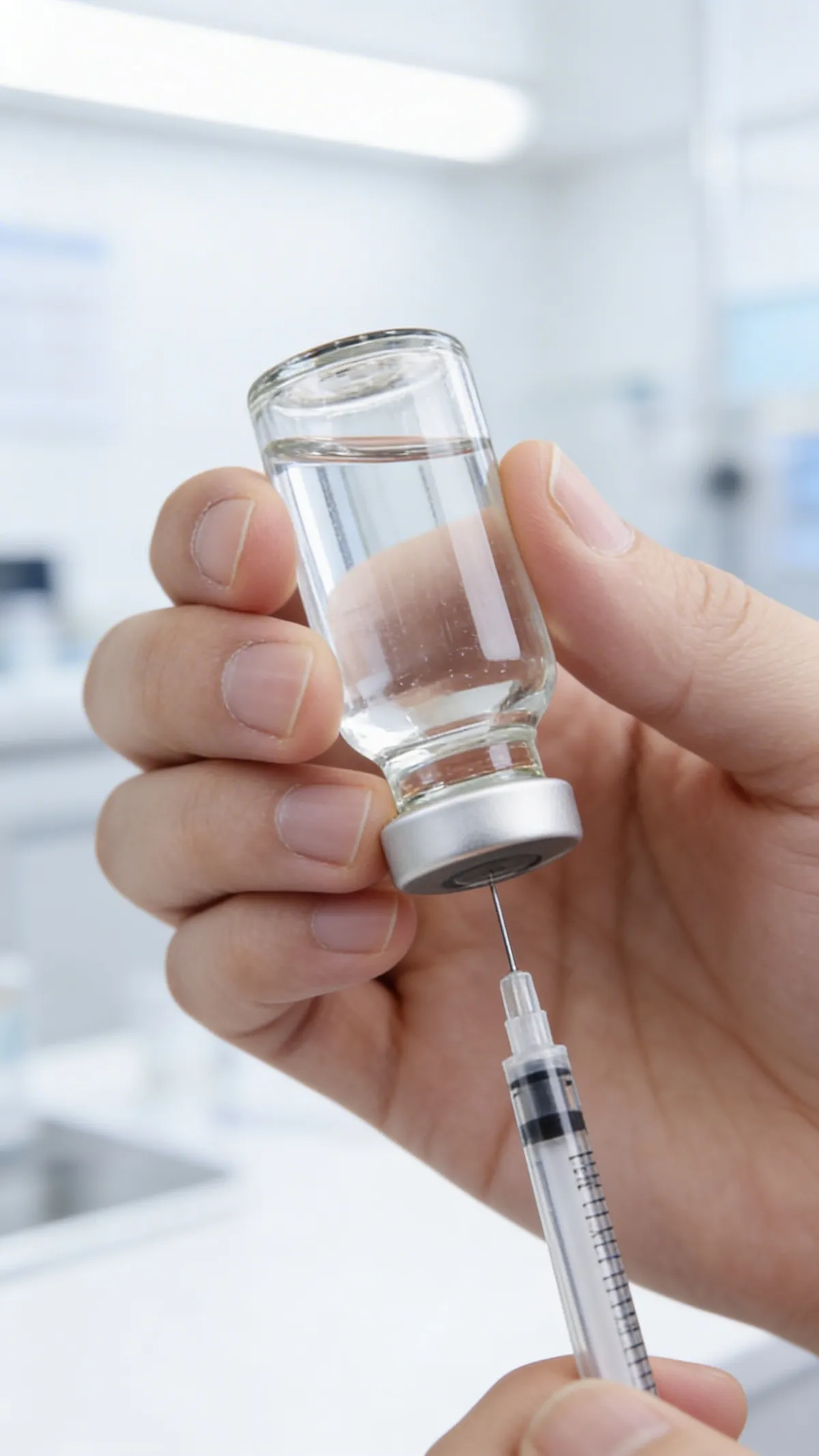 Aufziehen: Hand hält Vial und Spritze