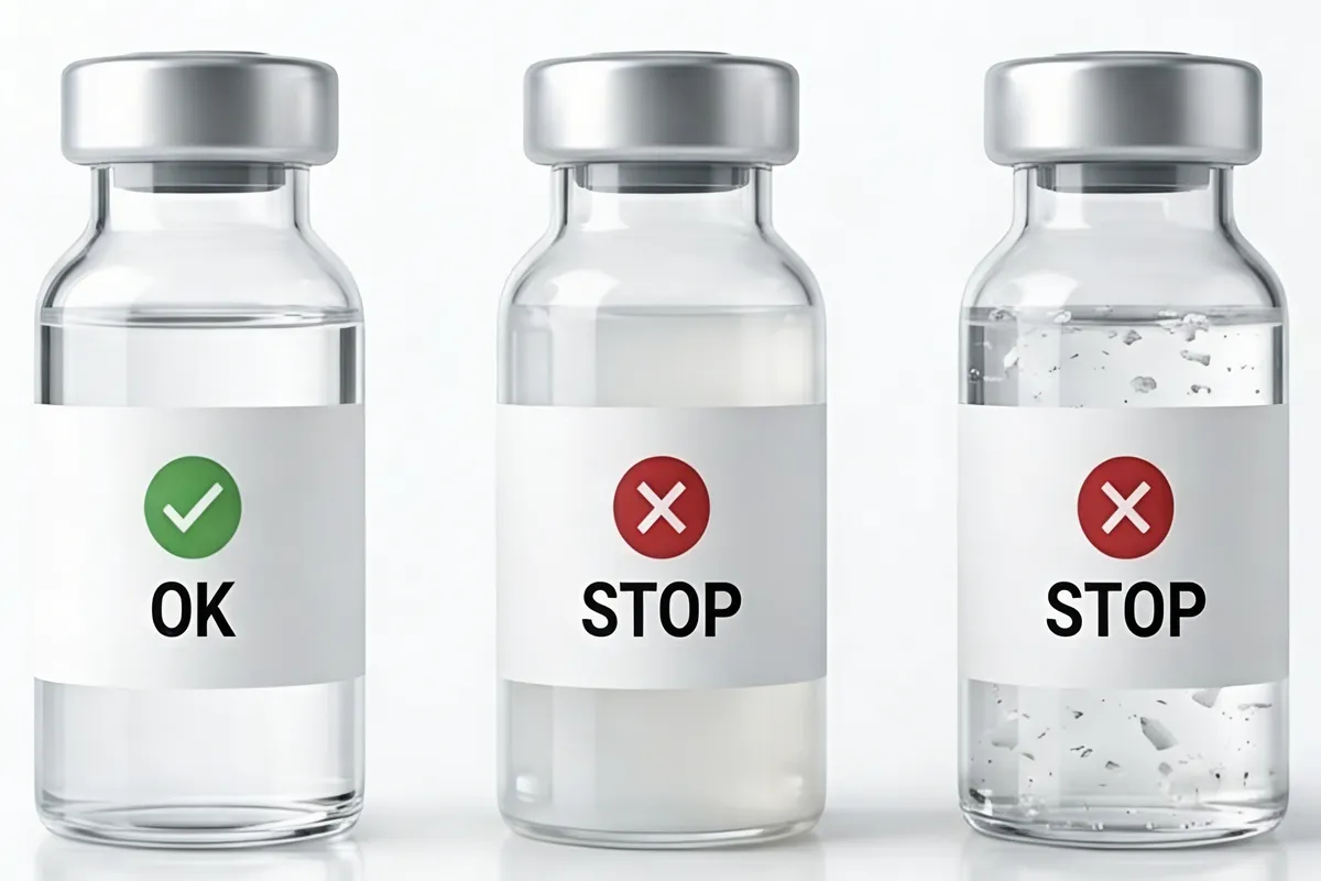3 Vials: klar verwendbar, trüb und flockig verwerfen