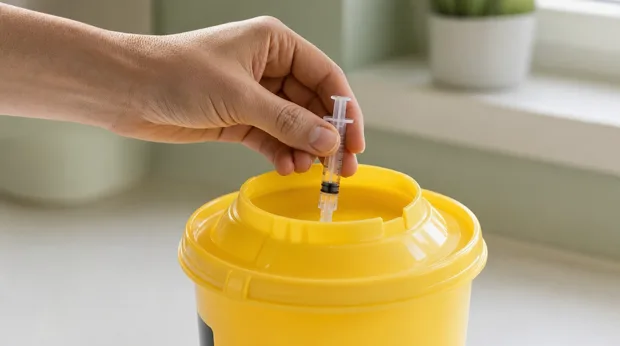 Spritze sicher in den Sharps-Container entsorgen